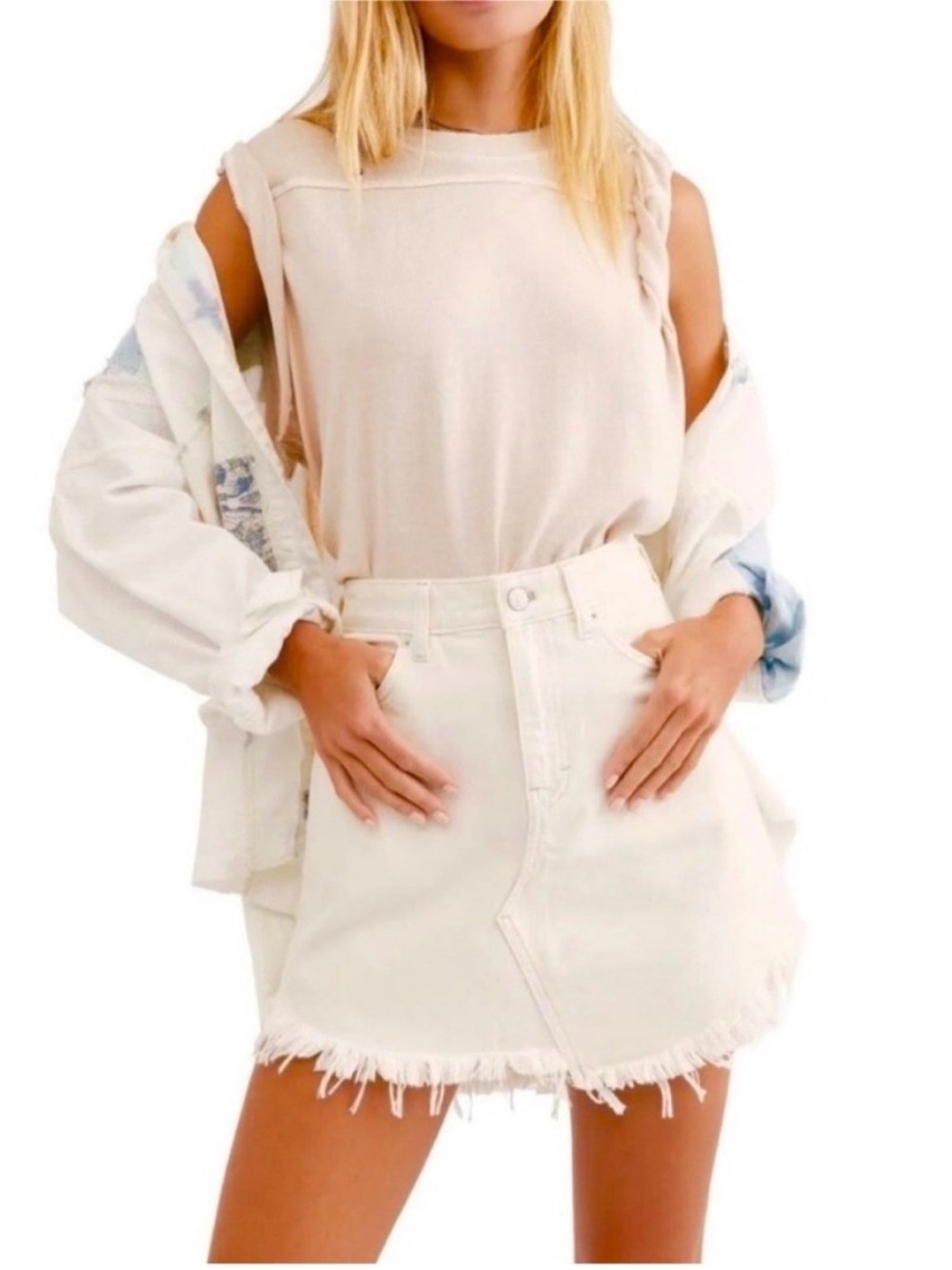 We The Free Denim Ivory Frayed Mini Skirt EUC